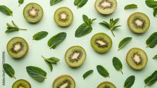 Fototapeta Fresh kiwi mint green sliced pattern, refreshing mood and natural food vibe