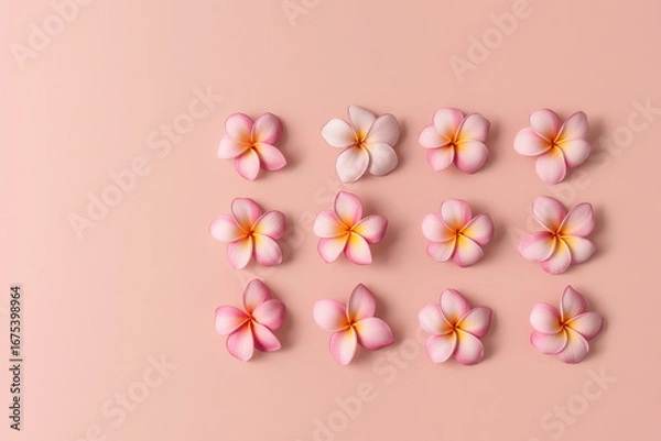 Fototapeta Pastel plumeria flower, pink frangipani, minimal pattern, soft background, serene mood