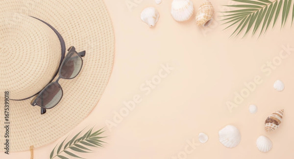 Fototapeta Summer beach hat sunglasses shell capture sunny vibe with palm leaf accent