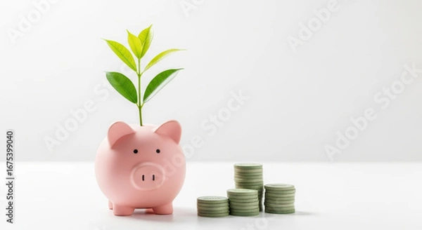 Fototapeta Piggy bank finance savings investment growth sprout with green leaf from coin stack