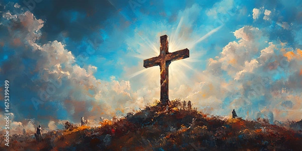 Fototapeta Resurrection cross bathed in divine light atop a hill with scattered figures watching