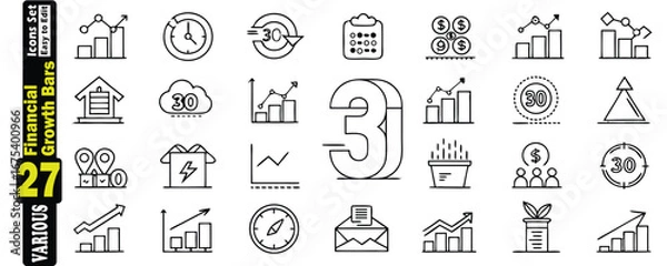 Obraz Collection of financial growth bar icons with charts clocks and money symbols financial icons