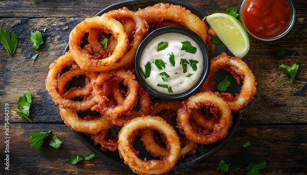 Fototapeta Fried squid rings served with sauce on wooden table, flat lay