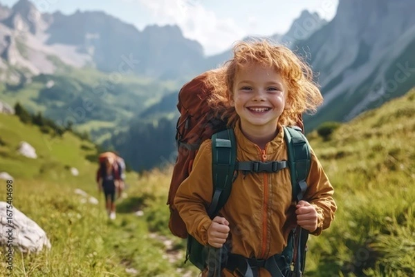 Fototapeta Smiling child hiking with backpack in mountains
