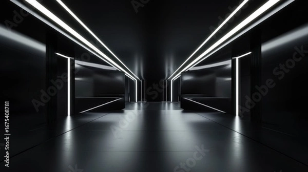 Fototapeta 3d rendering of black abstract geometric dark architecture background. Scene for advertising design, showroom, technology, future, modern, sport, game, metaverse, cosmetic, garage. Sci Fi Illustration