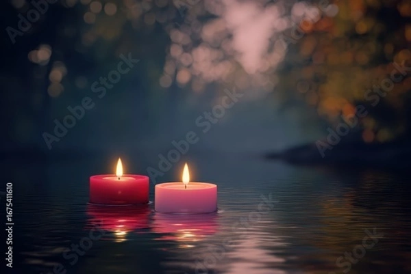 Fototapeta Floating red and pink candles with bright flames on water, serene atmosphere with blurred green background and warm light reflections. Tranquil scene symbolizing hope and spiritual renewal.