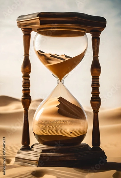 Fototapeta A glass hourglass with a dusty desert sandstorm inside, created through double exposure 