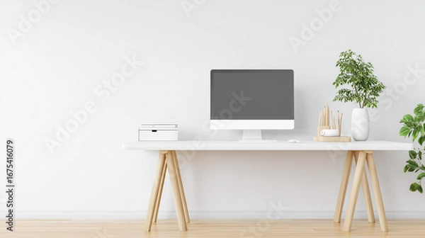 Obraz モニターが置かれたモダンなオフィスの明るいデスク風景