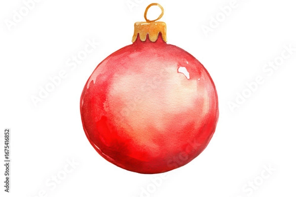 Fototapeta Bright red watercolor ball ornament with a golden top displayed against a clear background, evoking holiday cheer and creativity