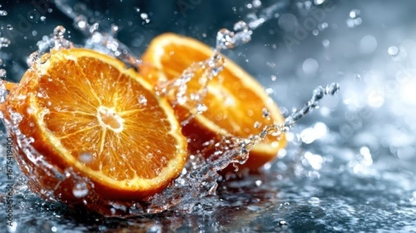 Fototapeta Juicy orange slices burst through the surface of sparkling water, creating a refreshing scene that evokes sensations of zestiness and vitality in every drop.