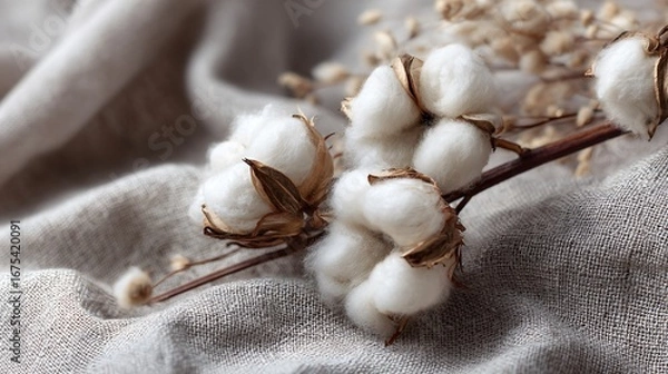 Fototapeta Raw cotton bolls resting on linen fabric, neutral backdrop, soft window light, minimalist styling