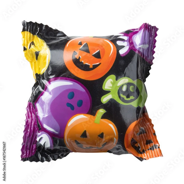 Fototapeta Halloween candy wrapped in a black plastic bag with jack-o'-lantern and ghost designs. background removed