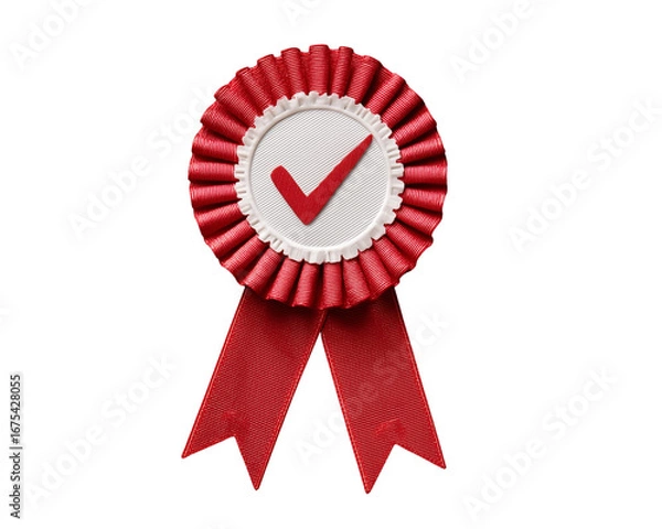 Fototapeta Red Ribbon Award Badge with Check Mark, Winner Rosette Emblem