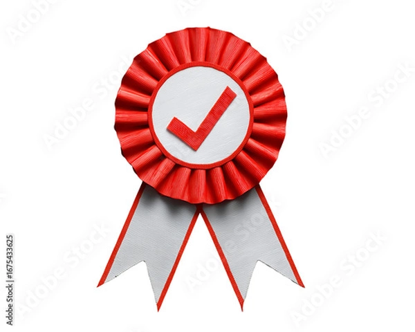 Fototapeta Red Ribbon Award Badge with Check Mark, Winner Rosette Ribbon