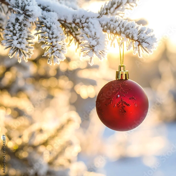 Obraz Christmas ornament hanging on snowy tree branch
