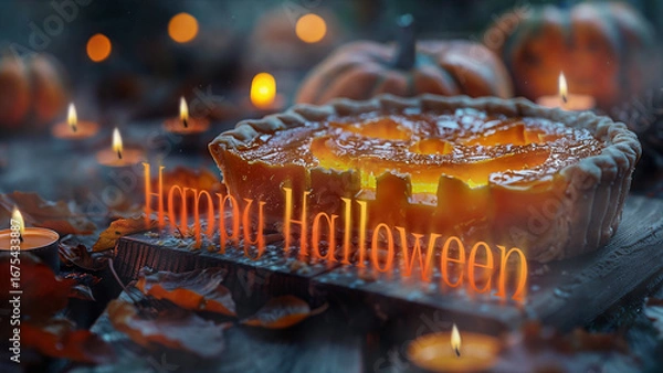 Fototapeta Pumpkin pie with Halloween decorations and candles set in a spooky atmosphere during autumn festivities
