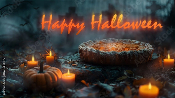 Fototapeta Spooky Halloween setting with carved pumpkin, candles, and pumpkin pie among gravestones in a misty atmosphere