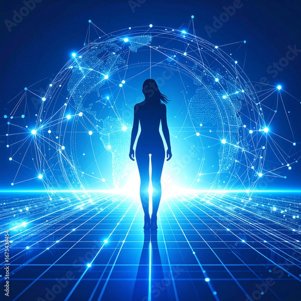 Obraz Woman standing in digital network future illustration