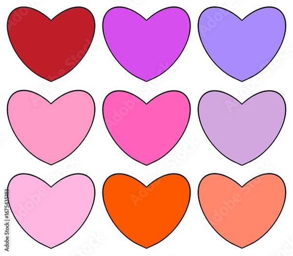 Fototapeta Colorful Hearts Set Valentine Love Blank Heart Outlined Hand Drawn on Isolated Background