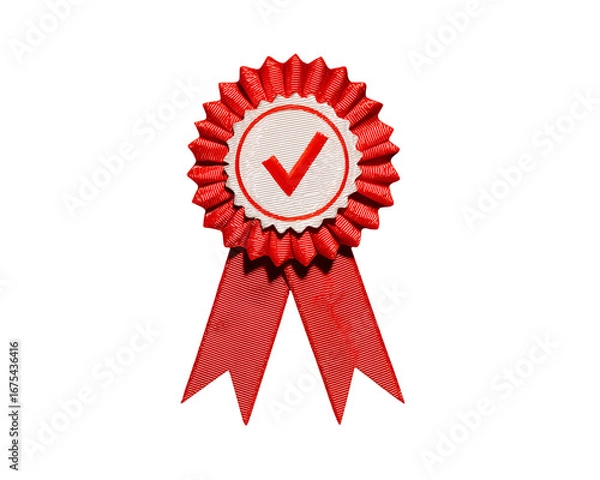 Fototapeta Red Ribbon Rosette Award Badge with Check Mark, Winner Symbol