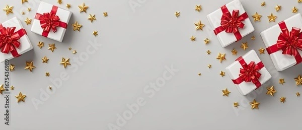Fototapeta White gift boxes with red bows and gold stars on a light gray background