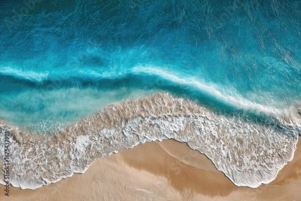 Fototapeta High-angle view of turquoise waves crashing on beige sand