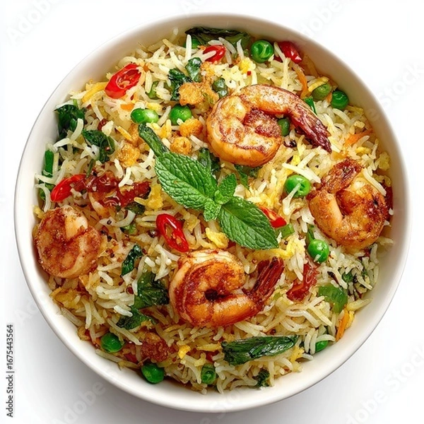Fototapeta Rice with vegetables and shrimps on a white background