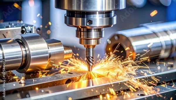 Fototapeta CNC Machine Drilling Metal with Sparks Flying, and Industrial Process.