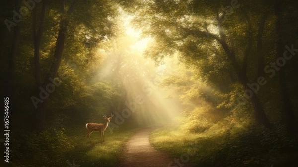 Fototapeta Majestic deer in sunlit forest pathway surrounded by lush greenery