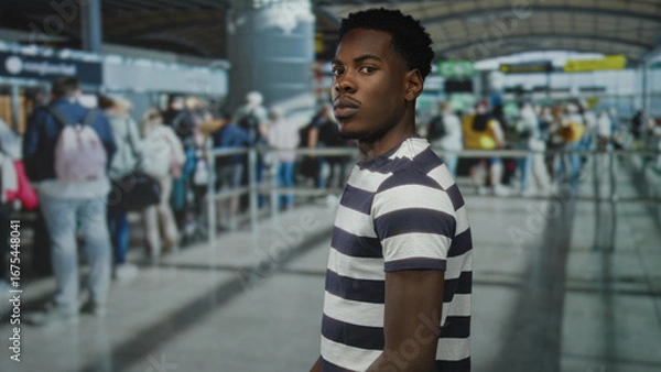 Obraz Young african american man looking over shoulder while standing at crowded airport terminal queue; anticipation.