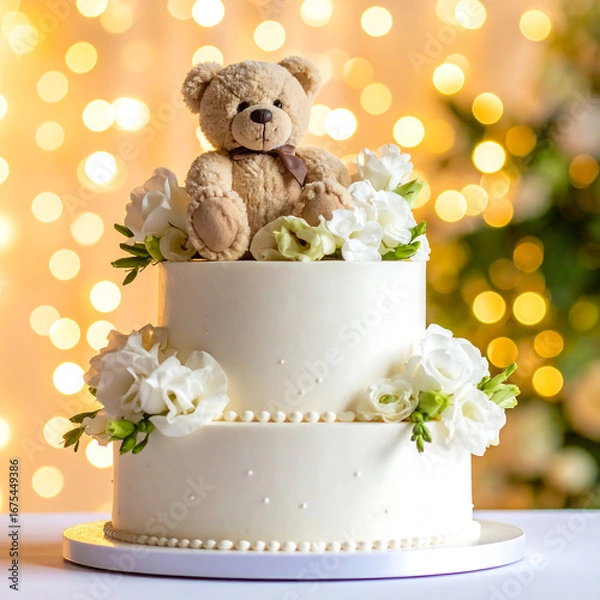 Fototapeta Elegant two tiered cake with teddy bear and flowers