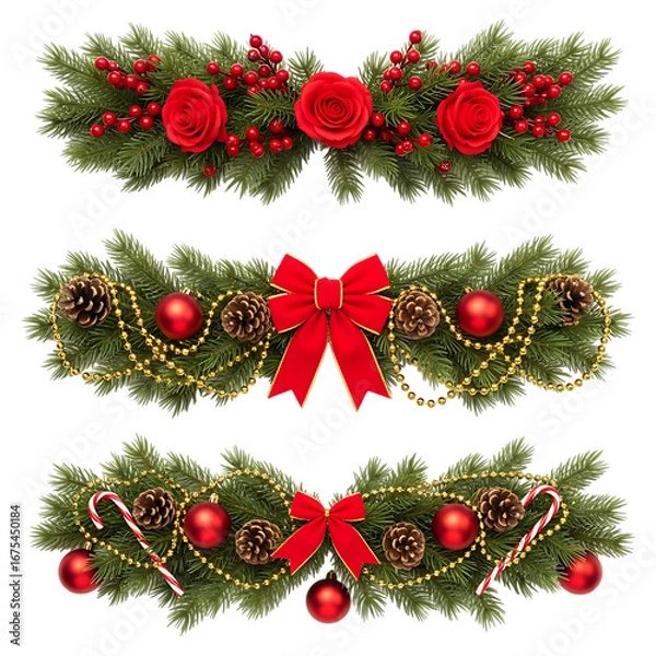 Fototapeta Three festive christmas garlands with red ornaments and ribbons isolated on transparent background