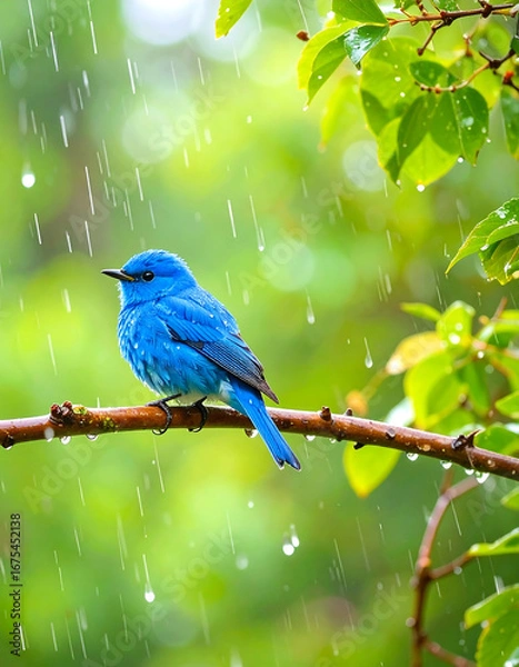 Obraz Blue bird in rainy forest
