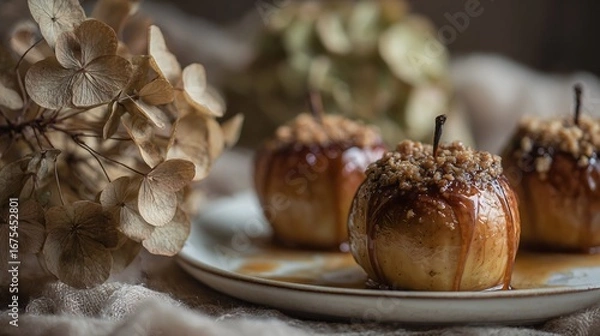 Fototapeta Baked apples with honey drizzle, dried hydrangeas in muted tones, cozy seasonal setting, copy space