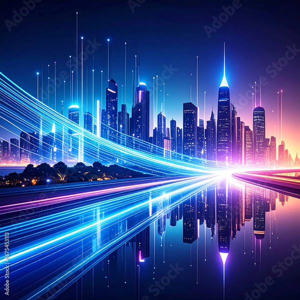 Obraz Abstract neon city skyline at night