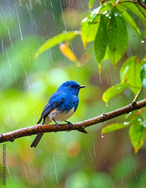 Obraz Blue bird perched in rain