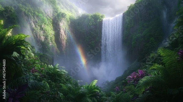 Fototapeta Enchanting waterfall and rainbow in a lush jungle paradise