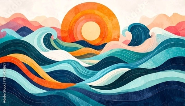 Obraz Vibrant Sunset Over Stylized Ocean Waves.