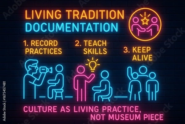 Obraz Neon Family Tree with Cultural Symbols and Historical Timeline for Genealogy and Heritage Projects,

