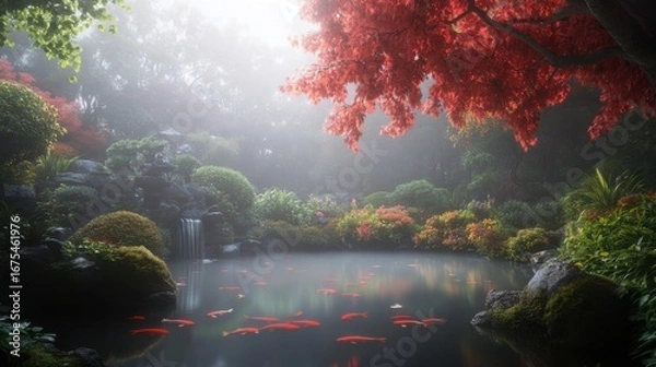Fototapeta Serene zen garden with koi pond and autumn foliage in tranquil mist