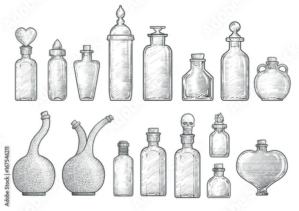 Fototapeta Mikstura, ilustracja butelki, rysunek, grawerowanie, atrament, sztuka liniowa, wektor
