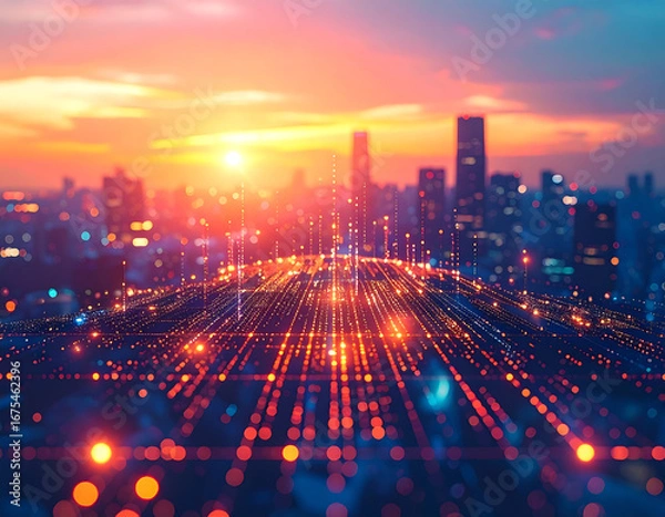 Obraz Cityscape digital network sunrise