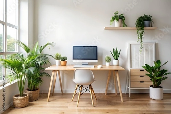 Fototapeta Bright Minimalist Home Office with Abundant Greenery and Natural Light