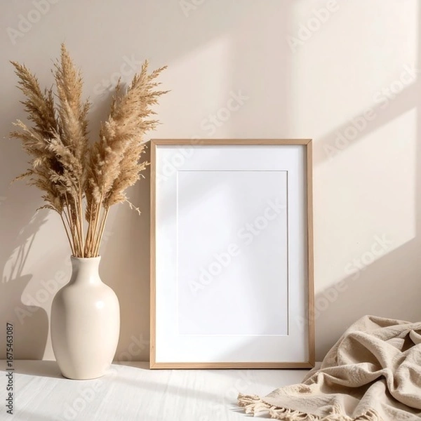 Fototapeta Blank picture frame mockup leaning against beige wall with pampas grass vase and neutral blanket