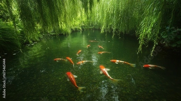 Fototapeta Serene pond with vibrant koi fish amidst lush greenery and weeping willows