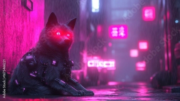 Fototapeta Cyberpunk canine in neon-lit alley with glowing eyes and futuristic tech armor