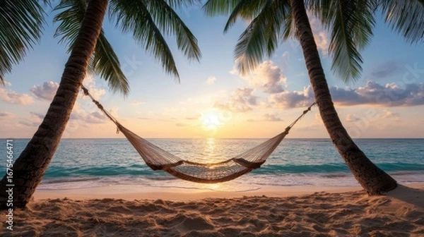 Fototapeta Tranquil beach sunset with palm trees and hammock by the ocean