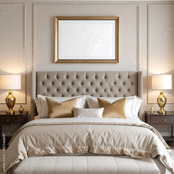 Fototapeta Luxurious bedroom interior with tufted headboard gold frame lamps and bed with pillows and nightstands