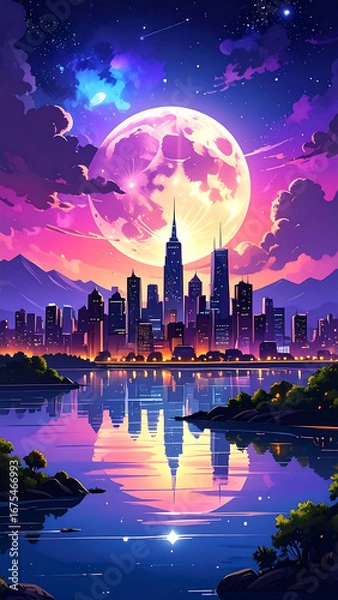 Obraz Colorful cityscape under full moon