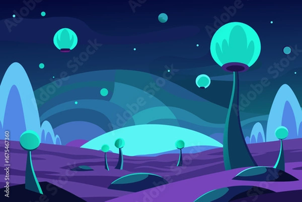 Fototapeta Alien landscape with glowing flora and distant planets